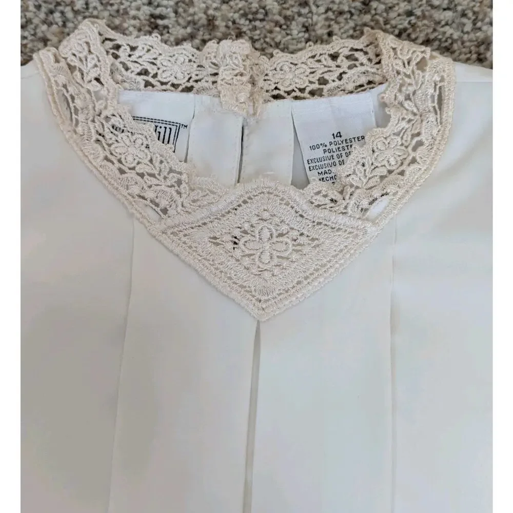 Vintage Christie & Jill Lace Blouse 14 Pleated Shirt Sleeve Cream Beige Dressy - Picture 5 of 10